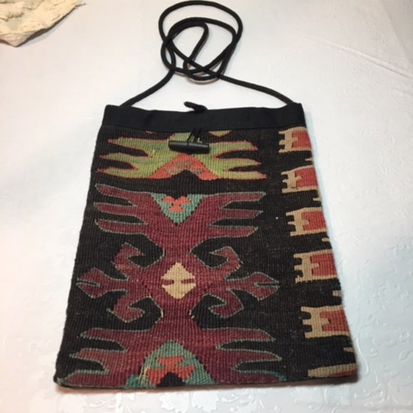 BOHO Flat Woven Kilim Textile Crossbody Bag Wool Handmade Natural Dyes 11"x8.5" - Picture 3 of 6
